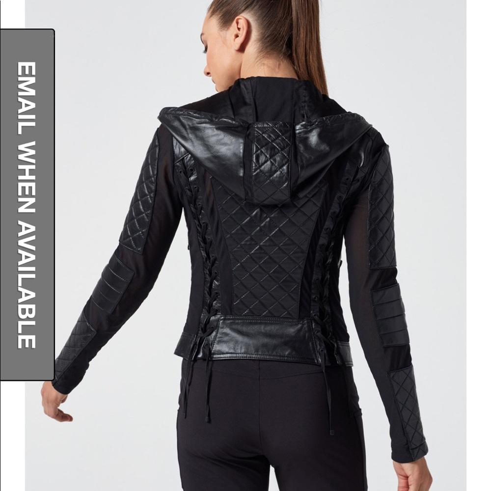 Blanc Noir hooded Moto jacket.